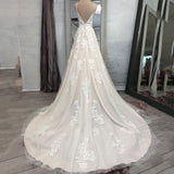 Runhufu Elegant Light Champagne A-Line Lace Appliques Wedding Dress V-Neck Sleeveless Beading Bridal Gown Ivory Spagetti Straps Open