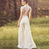 Runhufu Jumpsuit Wedding Dresses For Women 2024 Lace Applique Short Sleeve O-Neck Vestidos De Novia Illusion Back Bridal Gowns