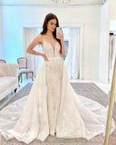 runhufu Boho Mermaid Wedding Dresses with Removable Train Lace Appliques V-Neck Wedding Gown Spaghetti Straps Bridal Dress