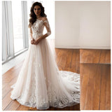 Runhufu Elegant 3/4 Sleeve Wedding Dress 2023 A-Line Lace Appliques Button Belt Train Tulle Bridal Gown Vestidos De Noiva