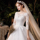 runhufu Neck Wedding Gown With Train 2023 New Three Quarter Sleeve Lace Up Bridal Ball Gown Robe De Mariee Vestido De Noiva