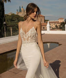 Runhufu Mermaid Wedding Dress Spaghetti Strap V-Neck Sleeveless Lace Applique Removable Long Train Bridal Gown Vestidos De Novia