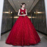 runhufu Red Shiny Quinceanera Dress Sleeveless Party Dress Elegant V-neck Ball Gown Vintage Prom Gowns Formal Robe De Bal Customize