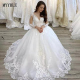 Runhufu Plus Size Wedding Dresses V Neck Long Sleeves Court Train Tulle Lace Applique Wedding Dresses Lace Up Back Vestido De Noiva