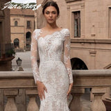 Runhufu Sexy Mermaid Wedding Dresses O-Neck Long Sleeve Exquisite Lace Bride Gown Appliques Backless Zipper Vestidos De Noiva