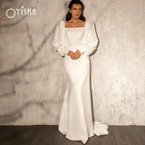 Runhufu Square Collar Satin Wedding Dresses 2023 Elegant Mermaid Puff Sleeves Bridal Gowns Simple Sweep Train Robe Mariage Femme