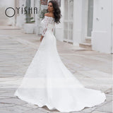 Runhufu Long Sleeve Satin Wedding Dresses Boat Neck Appliques Lace Princess Bridal Gown Back Buttons Sweep Mermaid Robe De Mariée