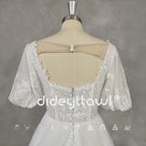 Runhufu Real Picture Princess Square-Neck Puff Sleeves Appliques Tulle A-Line Wedding Dress Backless Sweep Train Bridal Gown