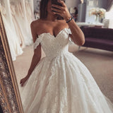 Runhufu Elegant A-Line Wedding Dresses Appliques Off The Shoulder Bridal Gowns Boho Beach Lace Tulle Wedding Prom Gowns Custom Size