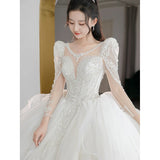 Runhufu Beading Wedding Dress Sexy See Through Deep V Neck Bride Dress 2023 New Long Sleeve Winter Wedding Gowns Robe De Mariee