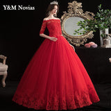 runhufu Boat Neck Vestido De Noiva 2023 New Red Wedding Dress with Sleeve Lace UP Appliques Plus Size Simple Bride Ball Gown