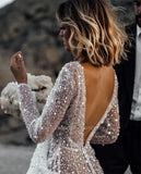 Runhufu V- Neck Sequins Wedding Dresses Long Sleeves Floor Length Backless Bridal Gowns Robe De Marié