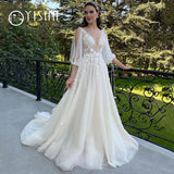 Runhufu A-Line 3/4 Sleeve Sexy Deep V-Neck Wedding Dress Open Back Boho Tulle Lace Appliquéd Bridal Gown Vestidos De Fiesta Novia