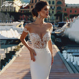 Runhufu O-Neck Wedding Dresses Lace Appliques Sexy Mermaid Short Sleeve Bride Gown Vestidos Illusion Backless Zipper De Noiva