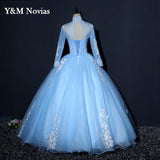 runhufu Illusion Sky Blue Quinceanera Dress Floor Length Sweet High Neck For Party Luxury Embroidery Ball Gown Prom Dress Plus Size