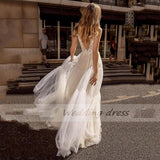 Runhufu A-Line Tulle Boho Wedding Dress Sleeveless V Neck Backless Applique Bridal Dress 2023 Robe De Mariée Ladies Elegance