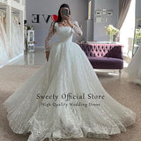 Runhufu Wedding Dress Embroidered Lace On Net With Ball Gown Train Elegant Boat Neck Full Sleeve bridal Gowns Button Robes De Ma