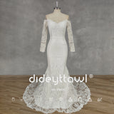 Runhufu Real Picture O-Neck Appliques Long Sleeves Crepe Mermaid Wedding Dress Illusion Back Court Train Bridal Gown