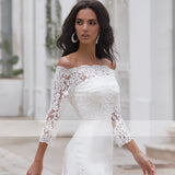 Runhufu Mermaid Boat Neck Wedding Dress 3/4 Sleeves Boho Lace Appliques 2023 Bridal Gown Off Shoulder Buttons Robe De Mariée