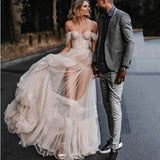 Runhufu Boho Sexy Sweetheart Wedding Dress 2023 A-Line Cap Sleeve Off Shoulder Backless Transparent Chiffon Bride Gown Floor-Length