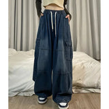 Runhufu Autumn Drawstring Elastic High Waist Baggy Pants For Women Vintage Straight Jeans Y2k Harajuku Fashion Simple Denim Pants