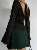 Runhufu Tie Back Sweaters Women Long Sleeve Boat Neck Solid Color Knitted Pullover Casual Crochet Tops 2023 Fall New