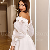 Runhufu Elegant A-Line Wedding Dresses White Puff Sleeve Appliques Bridal Gowns Boho Beach Tulle Evening Wedding Gowns Custom Size