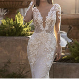 Runhufu Luxury Lace Appliques Sequins Mermaid Wedding Dress V-Neck Long Sleeve Backles Sweep Train Bride Gown Vestidos De Noiva 925