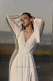 Runhufu V-Neck Beach Wedding Dress Lace Appliqued Hight Split Long Sleeves Satin Chiffon Bridal Gown Robe De Mariee