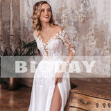 Runhufu A-Line Wedding Dress Women Open Back V-Neck Lace Long Sleeve Side Split Tulle Bridal Gown Sweep Train Vestidos De Noiva