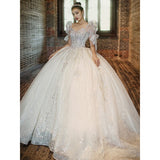 runhufu Wedding Dress 2023 New Short Sleeve Embroidered Tulle Ball Gown Wedding Gowns Shinny Princess