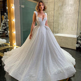 Runhufu Shiny A-Line Wedding Dresses Women's 2023 Deep V-Neck Sleeveless Lace Princess Bridal Gowns Beach Formal Party Robe Customi