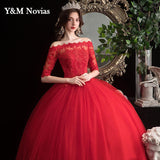 runhufu Boat Neck Vestido De Noiva 2023 New Red Wedding Dress with Sleeve Lace UP Appliques Plus Size Simple Bride Ball Gown