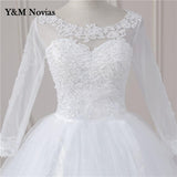 runhufu Video Cheap Luxury Pearls Ball Gowns O-Neck Off White Tulle Bridal Dress For Wedding Dresses with Sleeve Plus Size Custome