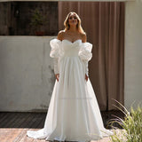 Runhufu Sweetheart Satin Wedding Dresses Long Puff Sleeves Bridal Gowns Custom Made Robe De Mariée