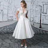 Runhufu Appliques Short Wedding Dresses For Women 2023 A-Line Satin Tea-Length Cap Sleeve V-Neck Button Civil Vintage Bridal Gown