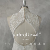 Runhufu Real Picture High-Neck Sleeveless Lace Mermaid Wedding Dress Cut Out Back Sweep Train Bridal Gown Custom Made