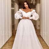 Runhufu Elegant A-Line Wedding Dresses White Puff Sleeve Appliques Bridal Gowns Boho Beach Tulle Evening Wedding Gowns Custom Size