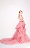 Runhufu Shoulder Layered Formal Occasion Dresses Pink 3D Floral Long Luxury Evening Dress Floor Length Layered Weeding Dress Woman