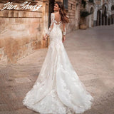 Runhufu V-Neck Mermaid Wedding Dress 2023 Long Sleeve Lace Appliques Bride Gown Backless Train Illusion Vestidos De Noiva