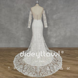 Runhufu Real Picture O-Neck Appliques Long Sleeves Crepe Mermaid Wedding Dress Illusion Back Court Train Bridal Gown