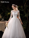 runhufu Sweetheart Three Quarter Elegant Wedding Dress With Sleeve Long Lace Embroidery Train Bridal Gown Plus Size Vestido De Noiva