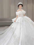 runhufu New Luxury Off The Shoulder Wedding Dress Lace Applique Boat Neck Bridal Dress Ball Gown Vestido De Noiva With A Big Tail