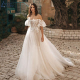 Runhufu NICEB Boho Wedding Dresses Puff Sleeves Women Off Shoulder Lace Appliques Brides Ball Gown Spakly Tulle свадебное платье