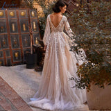 Runhufu NICEB Boho Vintage Wedding Dress Lantern Sleeves Lace Backless Bride Gown Illusion O-Neck Tulle Vestido De Fiesta De Boda