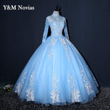 runhufu Illusion Sky Blue Quinceanera Dress Floor Length Sweet High Neck For Party Luxury Embroidery Ball Gown Prom Dress Plus Size