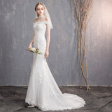 runhufu New Simple Mermaid Wedding Dress Off The Shoulder Floral Print Lace Up Bridal Dress Vestido De Noiva Plus Size Made Custom