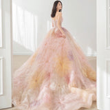 runhufu Spring New Simple Stamped Wedding Dress Strapless Colorful Flower Bridal Dress Sweep Tail Party Prom Dress Vestido De Noiva