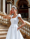 Runhufu Square Collar A-Line Satin Wedding Dresses Short Sleeve Floor Length Princesse Bridal Gowns Custom Size