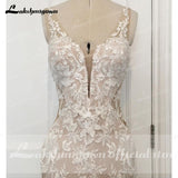 runhufu V Neck Lace Appliques Illusion Court Train Wedding Dress 2023 Boho Mermaid/Trumpet Bridal vestido branco sereia
